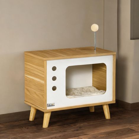 Maison pour chat design TV avec coussin et jouet 50 x 28 x 43 cm (1/5)