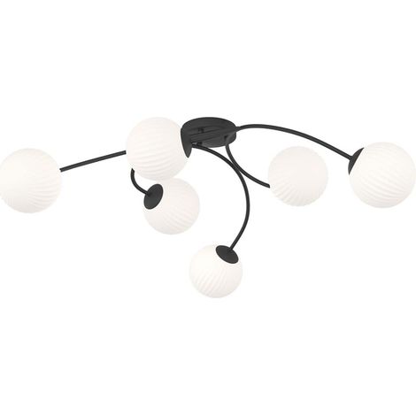 Plafoniera 6 Luci Loki In Acciaio Nero E Vetro Rigato A Sfera Bianco