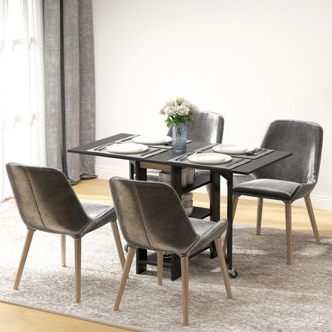 Table de cuisine pliante 120x60x75 cm Noir avec ailes pliantes, 2 roues et étagères, style moderne