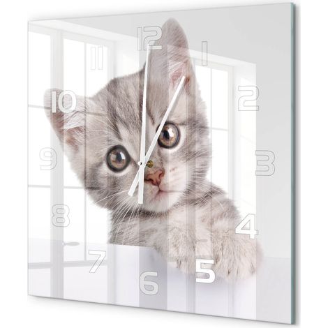 Grande Horloge Murale Carrée en Verre Trempé Silencieuse Design Moderne Salon Cuisine Chat gris 60x60 cm (1/5)