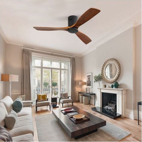 Ventilateur plafond 132cm Moteur DC Silencieux en Bois Massif - Ventilateur - Réversible Télécommande Sans Éclairage Profil Bas Noir (1/5)