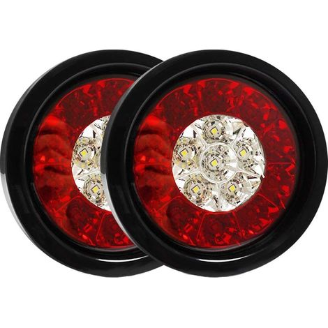 Lot de 2 feux stop arrière ronds à 16 LED avec joint en caoutchouc noir pour voiture, camion et remorque (rouge et blanc, 12 V/24 V universel)