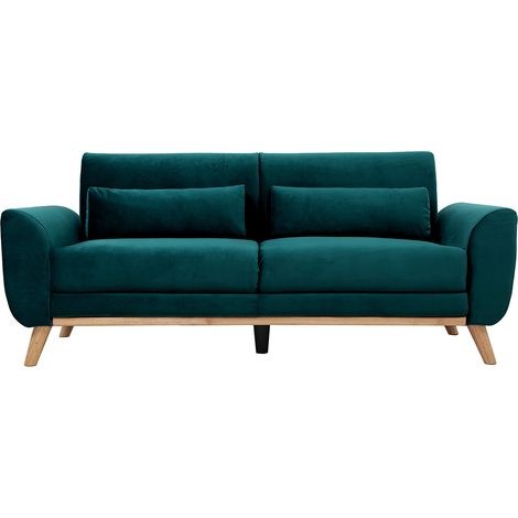Miliboo – Canapé droit 3 places en velours bleu canard – Structure en bois clair – Confort optimal avec coussins d'appoint – Dimensions L184 x P74 x H79 cm (1/6)