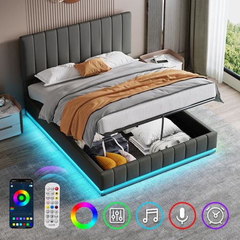 Ottoman Double Bed with LED Lighting, PU Leather Upholstered Bed with Hydraulic Storage, 4ft6 Double Bed Frame with Adjustable Channel Tufted Headboard, No Box Spring Needed, Grey (No Mattress)