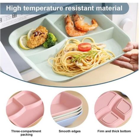 Assiette Compartiment - Lot de 4 - Plastique PP - Réutilisable - Lave-vaisselle - Adulte (1/4)