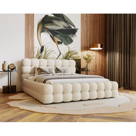 Emporius – Lit double 200x200 avec rangement – Tissu bouclé crème – Sommier à lattes – Coffre de lit inclus – Design moderne