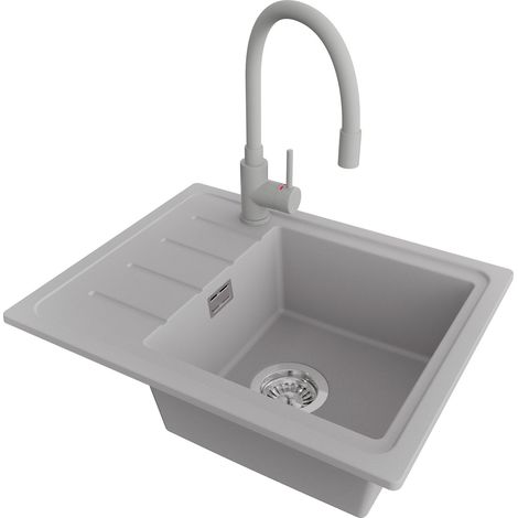 PRIMAGRAN Evier Cuisine en Granit 55x44cm,Lavabo 1 bac + Robinet 38x14cm + Kit de Vidage, Évier à Encastrer au meuble 45cm - Copenhague Easy, Gris (1/5)