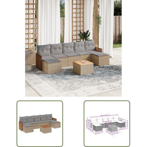 The Living Store 8-tlg. Garten-Sofagarnitur mit Kissen Beige Poly Rattan - Gartenmöbel Set - PE-Rattan Möbel - Outdoor Lounge - Esstisch - Sofasatz