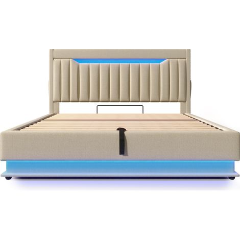 Letto matrimoniale capitonné 160x200 cm con contenitore, LED, USB e USB-C, beige lino HOMVRA (1/5)