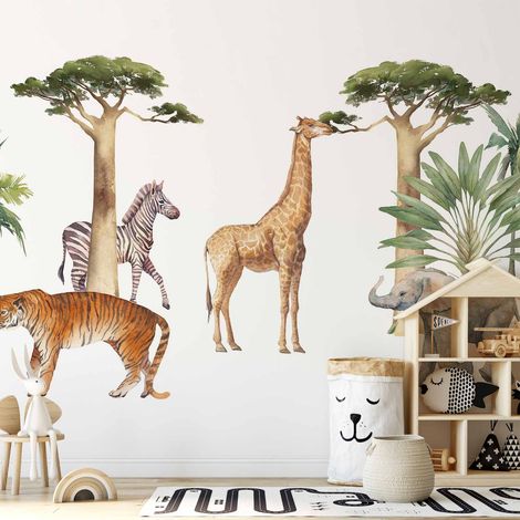 Papier peint photo - Animaux de la jungle sur fond blanc, réalisé à l'aquarelle (1/5)