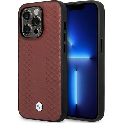Étui en cuir BMW à motif diamant pour iPhone 14 Pro Max (bordeaux) (1/4)