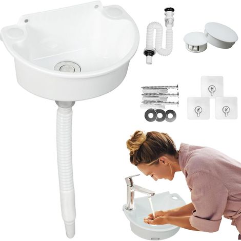 Petit lavabo suspendu en plastique avec tuyau, bouchon et accessoires de vidange, lavabo semi-circulaire incurvé pour le camping, le jardin, le sous-sol, les chantiers et les toilettes. (1/5)