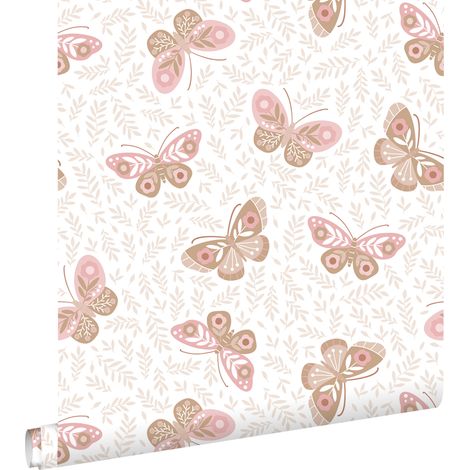 papier peint papillons blanc, marron et rose  - ESTAhome
