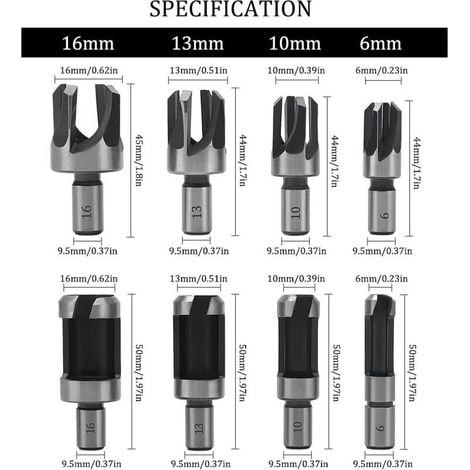 8 Pièces Fraise à Bouchonner Bois, Mèche à Bouchon Bois 6 mm/10 mm/13 mm/16 mm, Acier Carbone Bois Plug Perceuse pour le Travail du Bois, Forets à Bo (1/3)