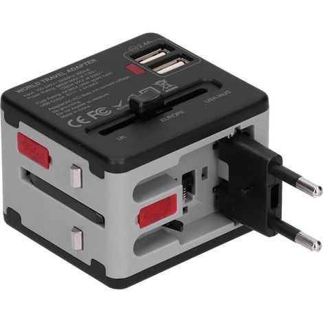 Adattatore da viaggio universale, adattatore di alimentazione internazionale con 2 porte USB, caricabatterie da parete da 100V a 240V per USA, AU, UK, EU, copre 220 paesi (grigio) - Crezuo