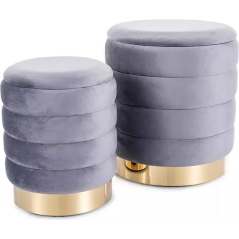 Pouf en velours gris avec rangement et base dorée, deux tailles emboîtables SOULIER (1/5)