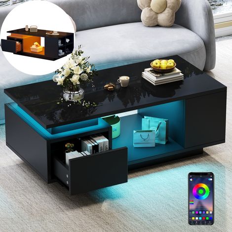 Table basse 100x50x36 cm - Table LED laquée avec rangements, design creux au centre, table basse avec tiroirs pour salon, meuble moderne - Noir