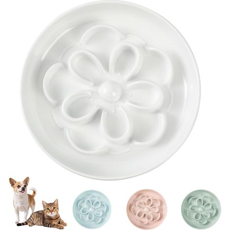 Melamine Anti Glutton Cat Bowl - Small Bowl with Flower Labyrinth for Kittens - Slow Feeding, Non-Slip, Anti-Vomiting - Dishwasher Safe - White (1/5)