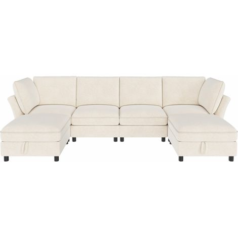 CHICFURN Canapé d'angle modulaire U 6 à 7 places avec 2 poufs coffres, tissu doux, design cloud, idéal salon, appartement et chambre, beige (1/5)