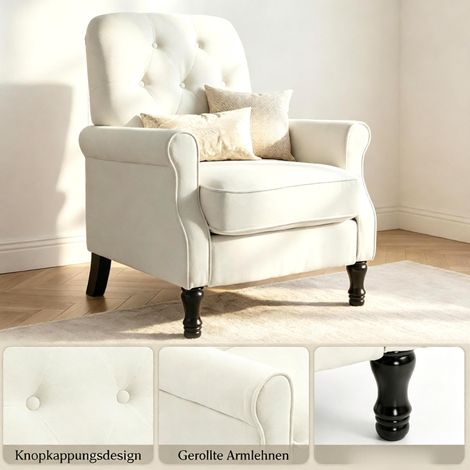 Fauteuil 1 place 69x75x90 cm en lin crème avec coussin épais, pour salon, facile à monter – MEUBLIV (1/5)