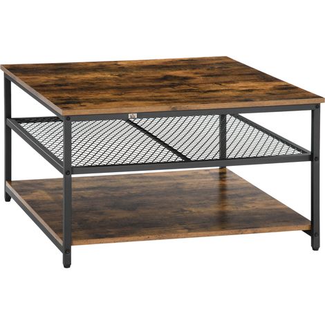 Coffee Table, Living Room Table with 3-Tier Storage Shelves, Square Tea Table for Home Office, Rustic Brown
