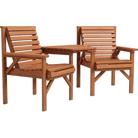 Ensemble bistro en bois 3 pièces, mobilier de jardin résistant aux intempéries avec structure à lattes, trou pour parasol, finition carbonisée (1/5)