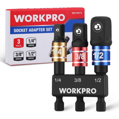 WORKPRO Jeu de 3 Adaptateurs de Douilles à Choc – Emmanchement Hexagonal 1/4" pour Douilles 1/4", 3/8" et 1/2", Compatible Perceuses et Visseuses (1/5)