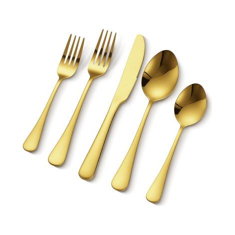 60 tlg. Besteckset in Gold aus lebensmittelechtem Edelstahl, hochglanzpoliertes Essbesteck-Set, spülmaschinenfestes Essgeschirr, Service für 12 Personen, inkl. Messer Gabel Löffel (1/5)