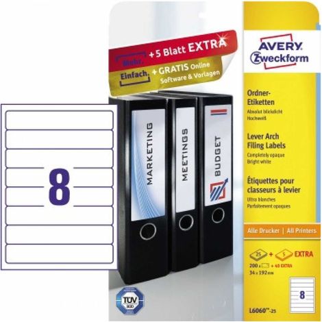 Ordnerrückenetikett ultragrip schmal/kurz 34 x 192 mm (B x H) selbstklebend ohne Griffloch weiß 240 Etik./Pack. (1/5)