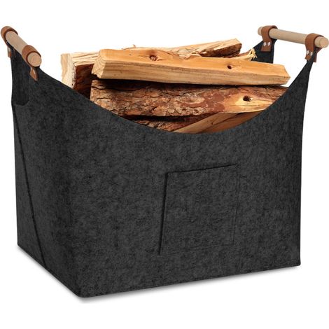 Jopassy Panier en feutre avec poignées en bois, panier à bois pour cheminée, panier à bûches 5 mm, gris foncé (1/4)