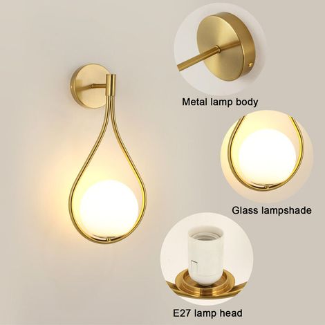 Applique murale moderne E27 à globe en verre – Métal laiton or – Diamètre 20cm – Éclairage décoratif pour salon et chambre (1/4)