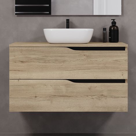 Meuble de salle de bain 100cm avec plateau et vasque à poser zeus - 2 tiroirs - sans miroir - madera miel (chêne clair) - LUNA (1/5)