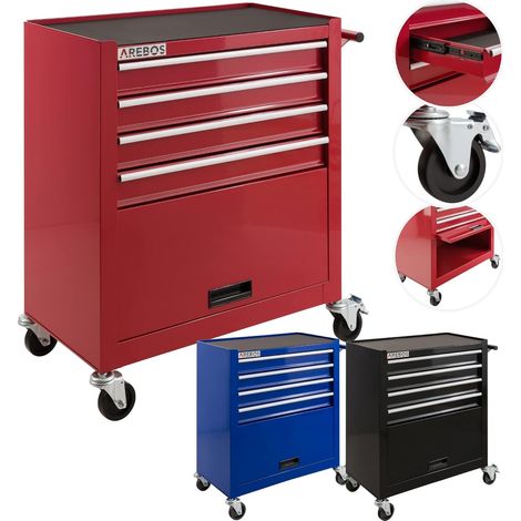 Arebos – Chariot d'atelier mobile 4 tiroirs – Acier robuste – Grand compartiment de rangement – Roues pivotantes avec frein – Verrouillage de sécurité