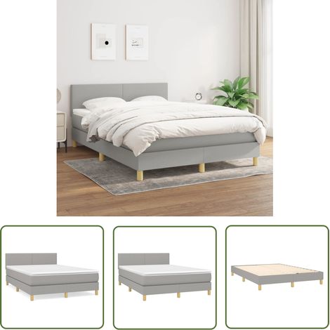 The Living Store Sommier à lattes de lit avec matelas Gris clair 140x190cm Tissu - Lit Plateforme - Lit Double - Matelas À Ressorts Ensachés - Literie - Chambre À Coucher (1/5)