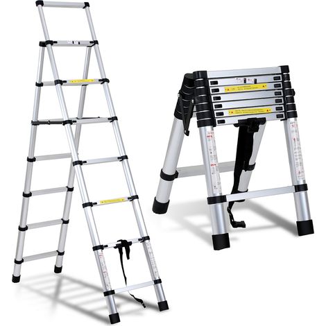 Randaco Echelle télescopique professionnel multifonction articulée 2,0 +1,7m, escabeau 5x6 marches pliable