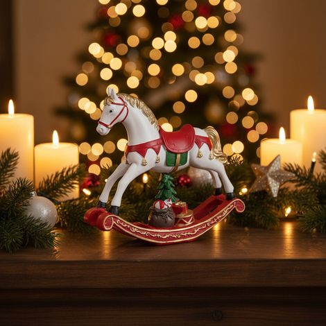 Cavallo giocattolo a dondolo in resina decorazione natalizia h 17 cm -Bianco (1/4)