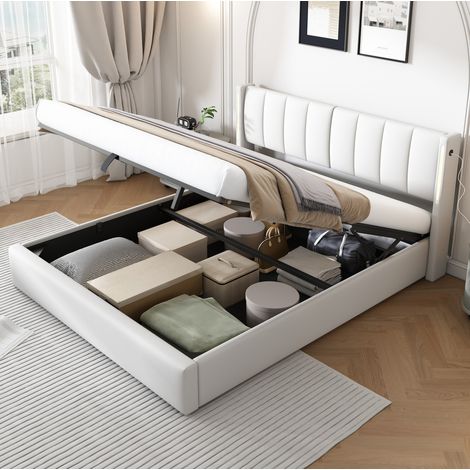 Letto imbottito moderno 180x200 cm in PU bianco, con testiera regolabile, LED, USB/Type-C, contenitore e rete a doghe