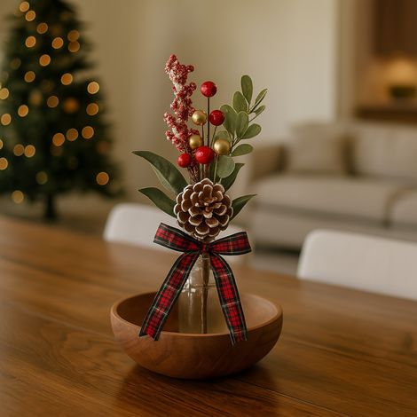 Rametto con pigna e bacche rosse per decorazioni natalizie alto 20 cm (1/4)