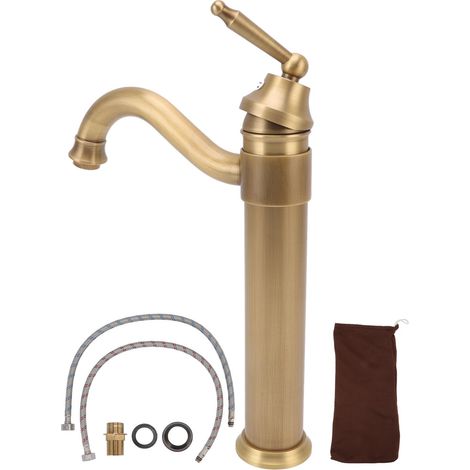 Mitigeur monocommande eau chaude et froide, robinetterie d'évier en laiton vintage industriel, bec haut pour vasque à poser, salle de bain ou hôtel (1/5)