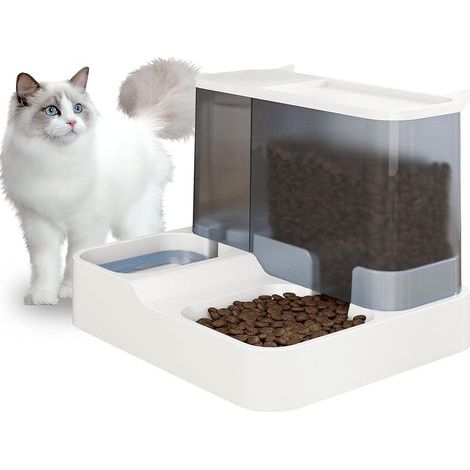 Distributore automatico di cibo e acqua 2 in 1 per gatti e cani di piccola taglia, capacità 3,8 litri, con fontanella e abbeveratoio (bianco) (1/5)