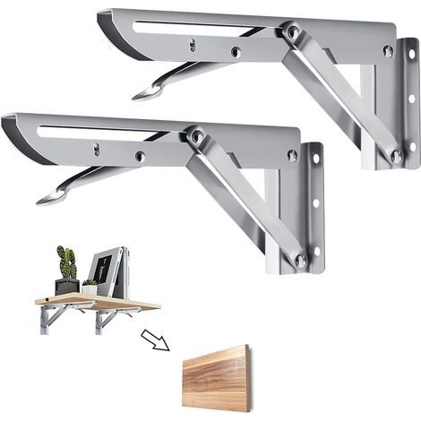 2 Pièces - Équerre Pliante - Support Console - Acier Inoxydable - Charge Max 60kg - Intérieur Extérieur - Argent - 30x17cm (1/5)
