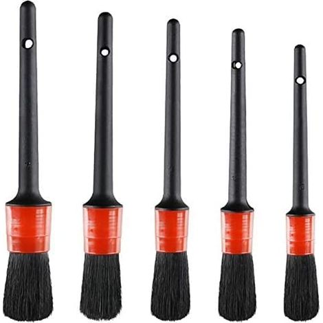 Pinceau de Détail (Lot de 5), Jeu de Pinceaux à Détails Automatiques Parfait pour La Voiture Moto Roues de Nettoyage Automobile, Tableau de Bord, Intérieur, Extérieur, Cuir (1/4)