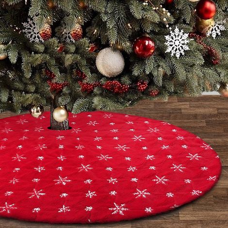 Christmas tree skirt, Christmas tree base, Christmas tree mat, silver snowflake sequins (red, 90 cm) (1/5)