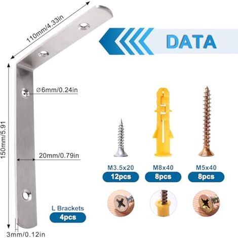 4 Pièces 110x150x20x3 mm Supports d'Étagère de L Équerre, Équerre de Coin en Acier Inox, Support de 90 Degrés, Support Charge Lourde, avec Vis, pour Étagère (1/4)