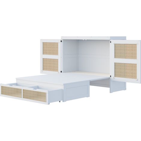 Letto pieghevole 140 x 200 cm bianco con rete a doghe, contenitori e design rattan, HOMVRA (1/5)