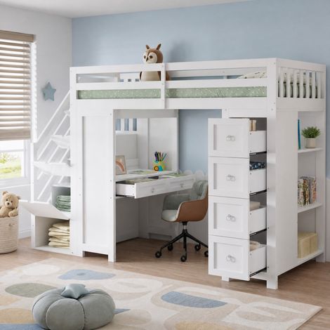 Letto a soppalco per bambini 254x95x175 cm, con scrivania integrata, cassetti e mensole laterali, legno massello MDF, bianco (1/5)
