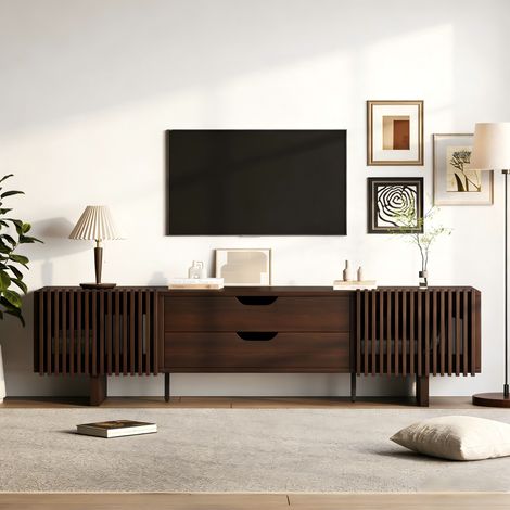 Mueble TV 180x40x45 cm para salón, 2 cajones y 2 puertas de lamas, estable, MDF acabado nogal oscuro (1/5)