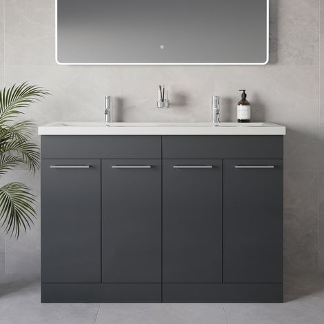 Napoli 390 Gloss Grey 1200mm 4 Door Vanity Unit with Double Glide Basins - 1200mm - Chrome 160mm Handle