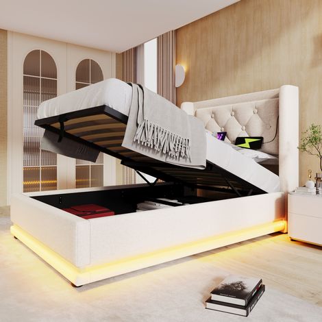 MEUBLIV Lit coffre rembourré 90 x 200 cm beige en coton avec tête de lit capitonnée ports usb type c et éclairage led à 3 côtés (1/5)
