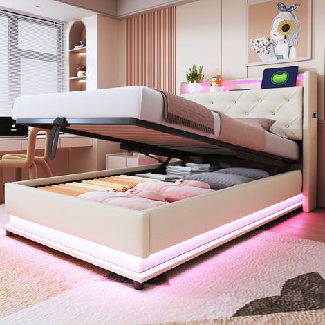 Kinderbett 90/200 cm beige aus Leinenstoff mit LED-Beleuchtung und hydraulischem Stauraum (1/5)